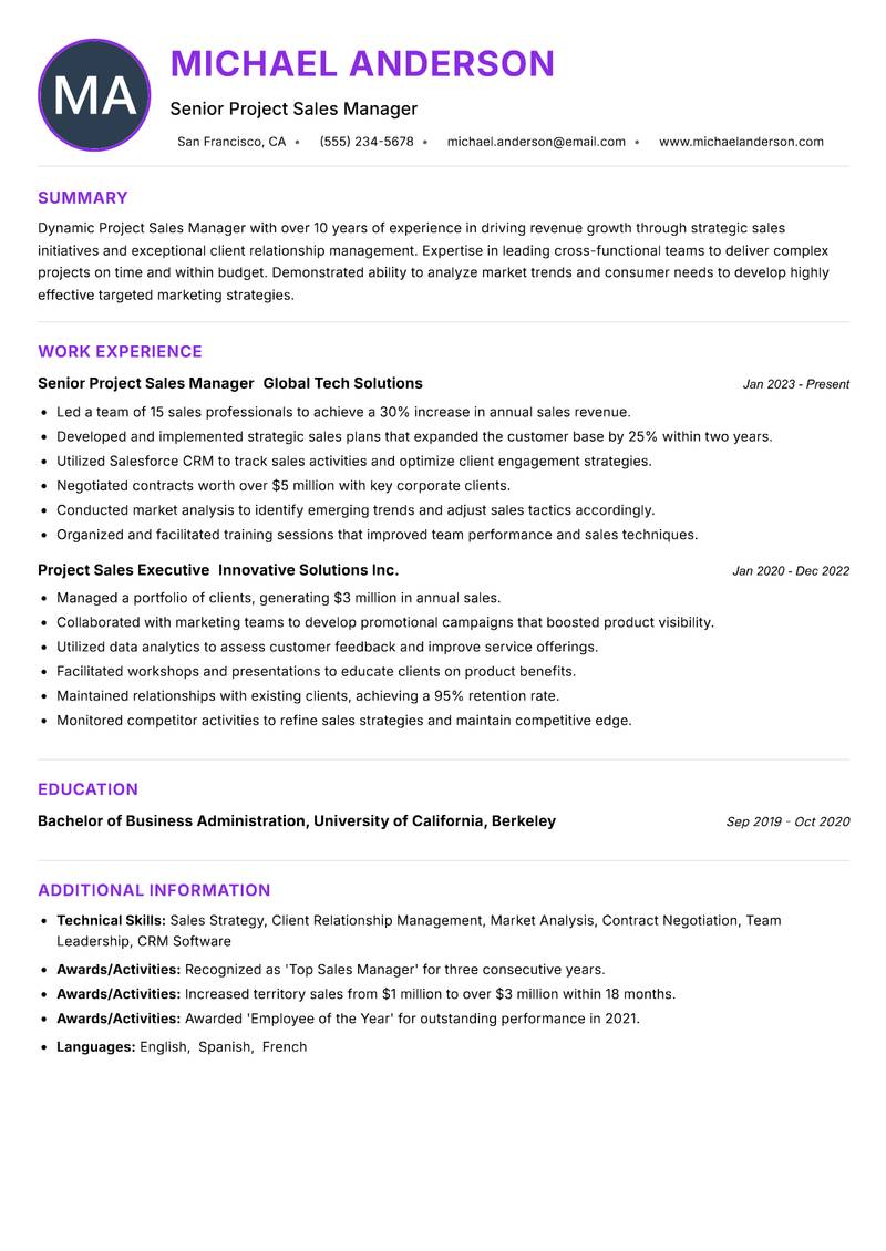 Project Sales Manager resume example — ATS-friendly template