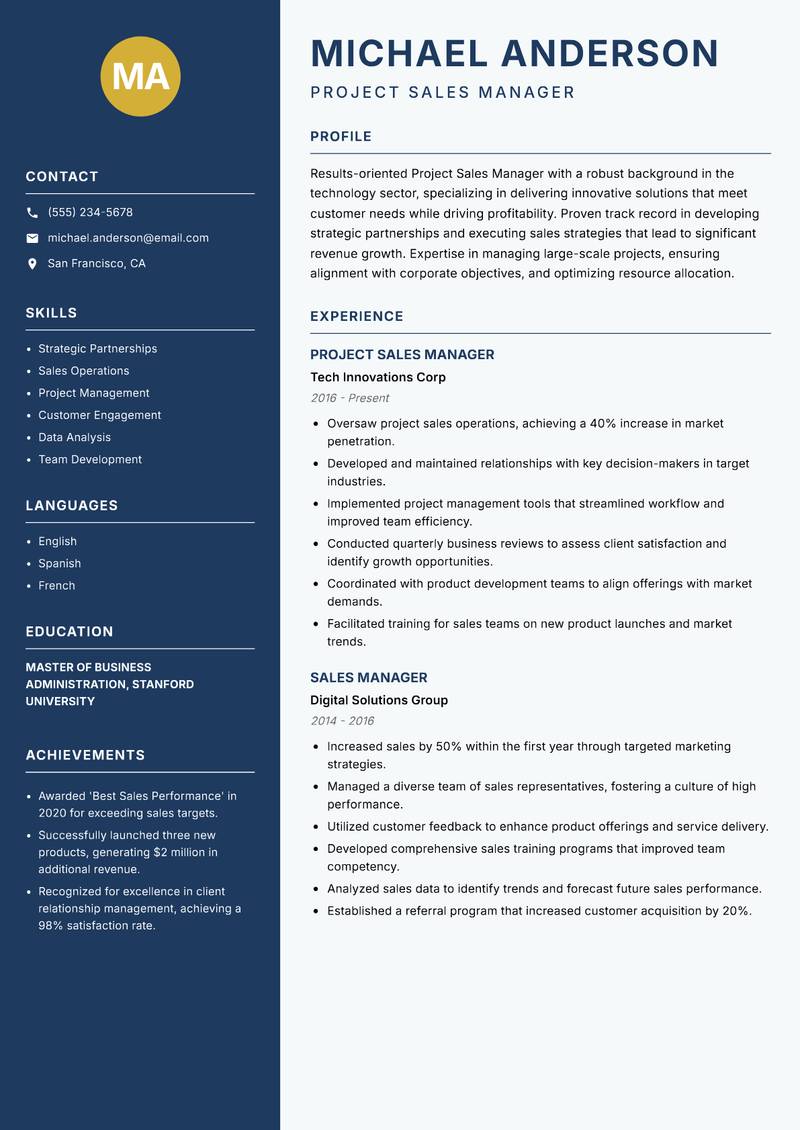 Project Sales Manager resume template — Classic Clean