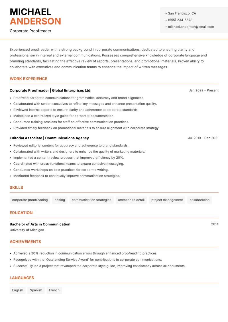 Proofreader resume template — Modern Professional
