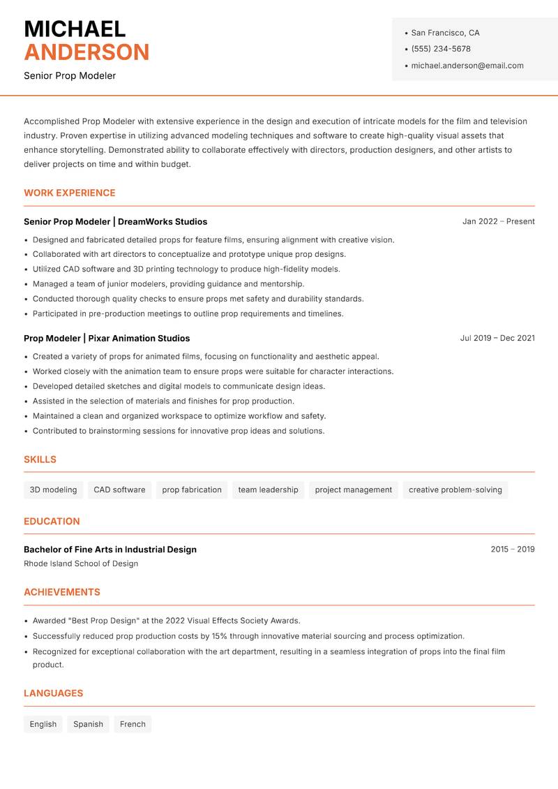 Prop Modeler resume template — Modern Professional