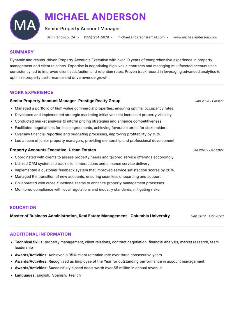 Property Accounts Executive resume example — ATS-friendly template