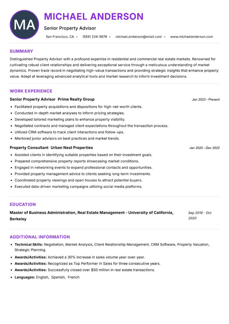 Property Advisor resume example — ATS-friendly template