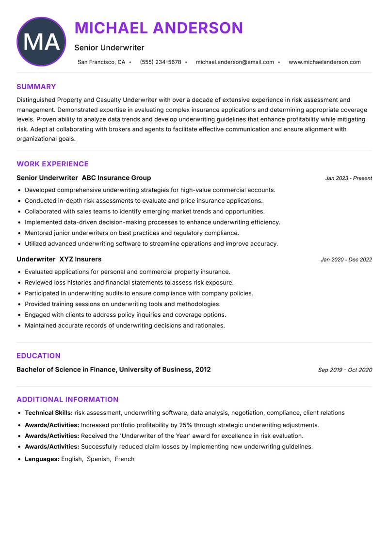 Property and Casualty Underwriter resume example — ATS-friendly template