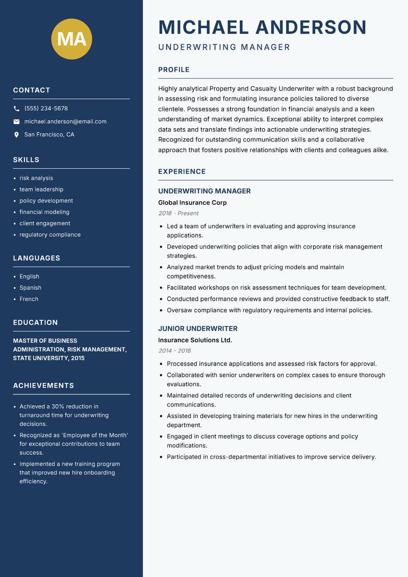 Property and Casualty Underwriter resume template — Classic Clean