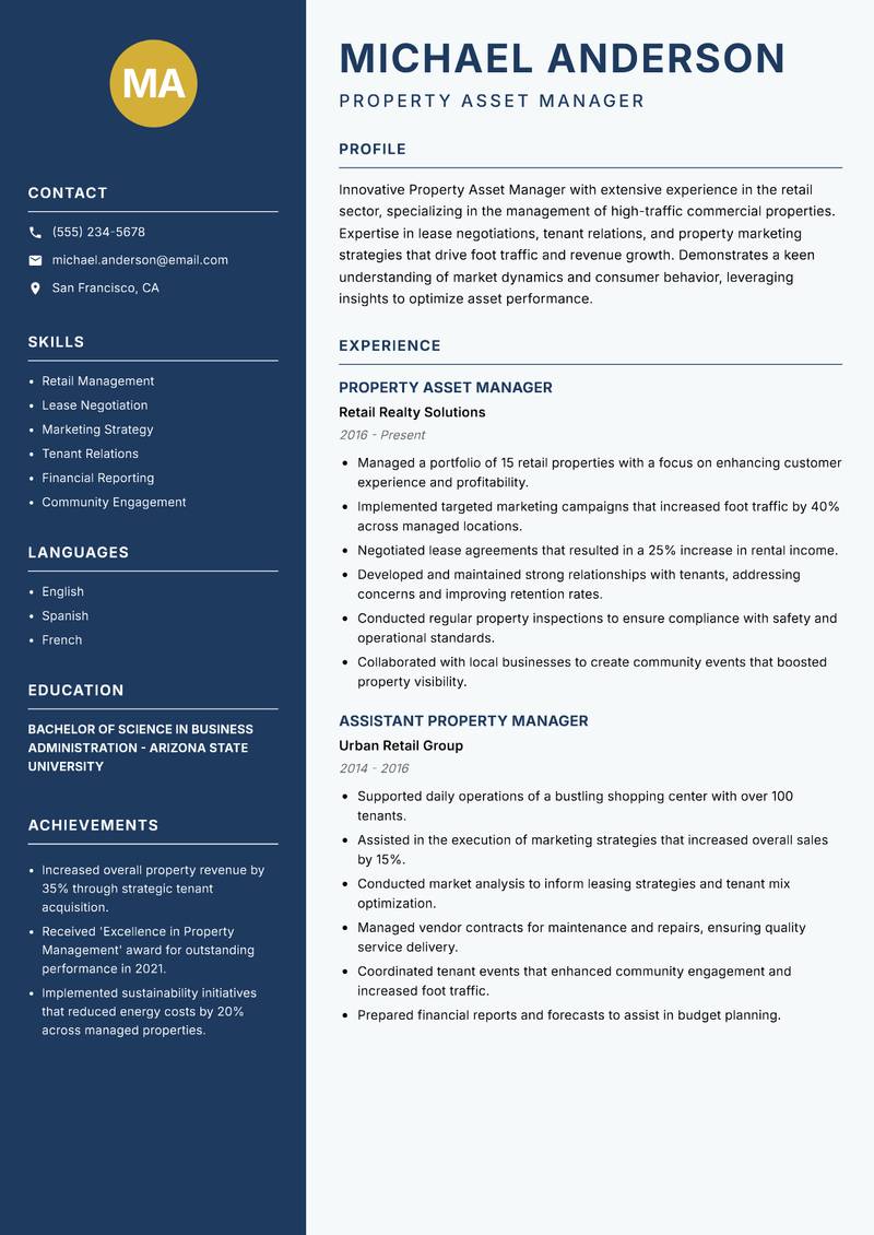 Property Asset Manager resume template — Classic Clean