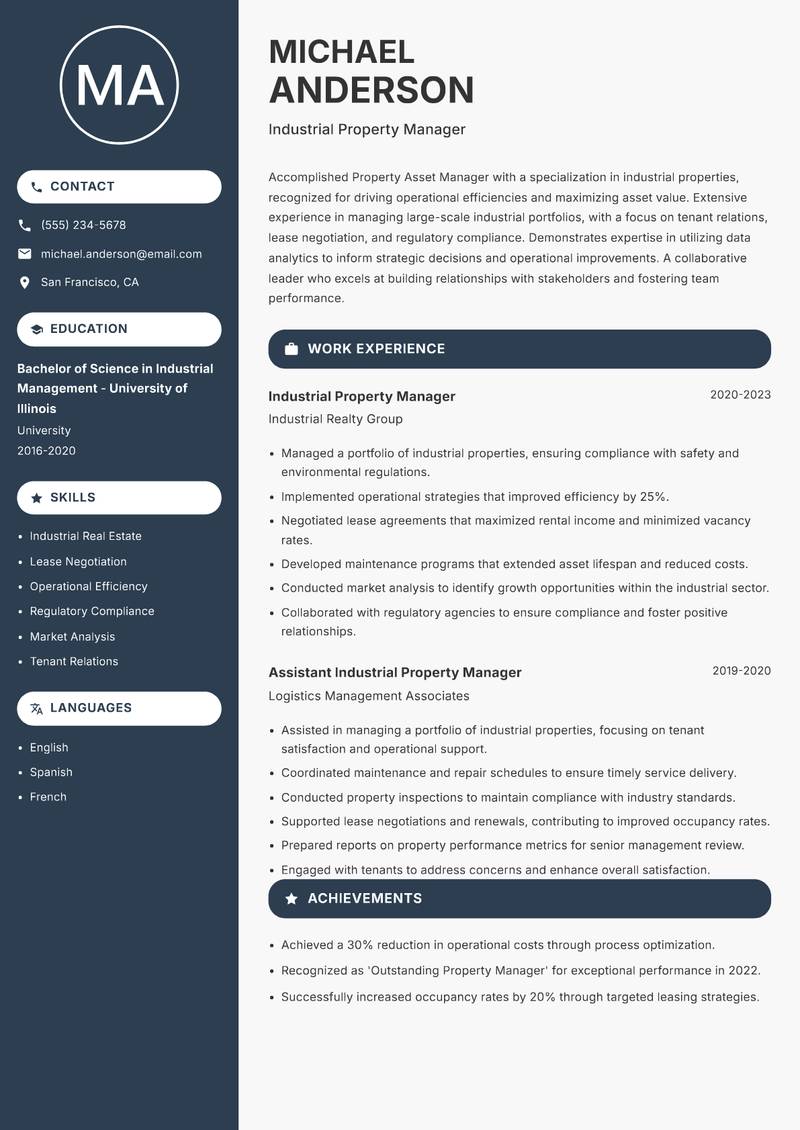 Property Asset Manager resume template — Compact