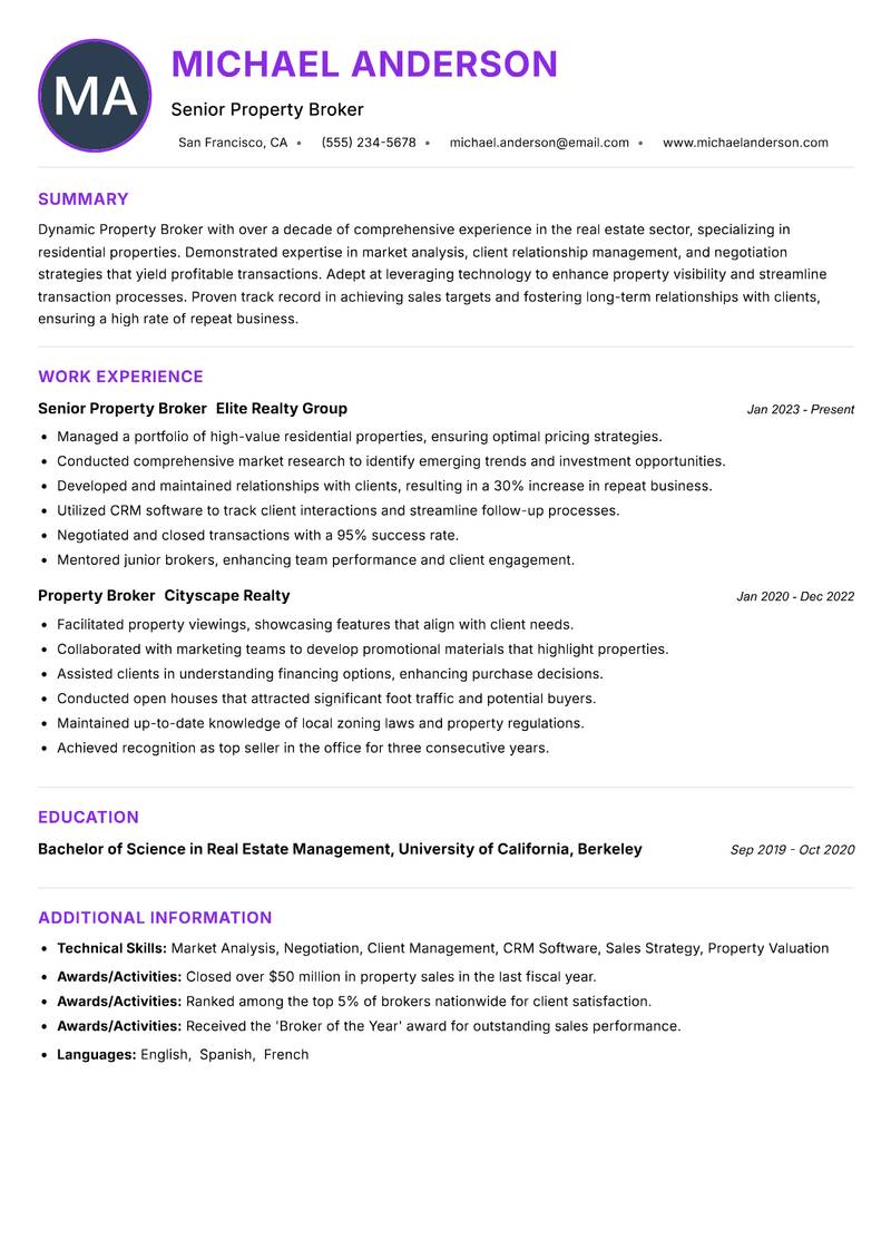 Property Broker resume example — ATS-friendly template