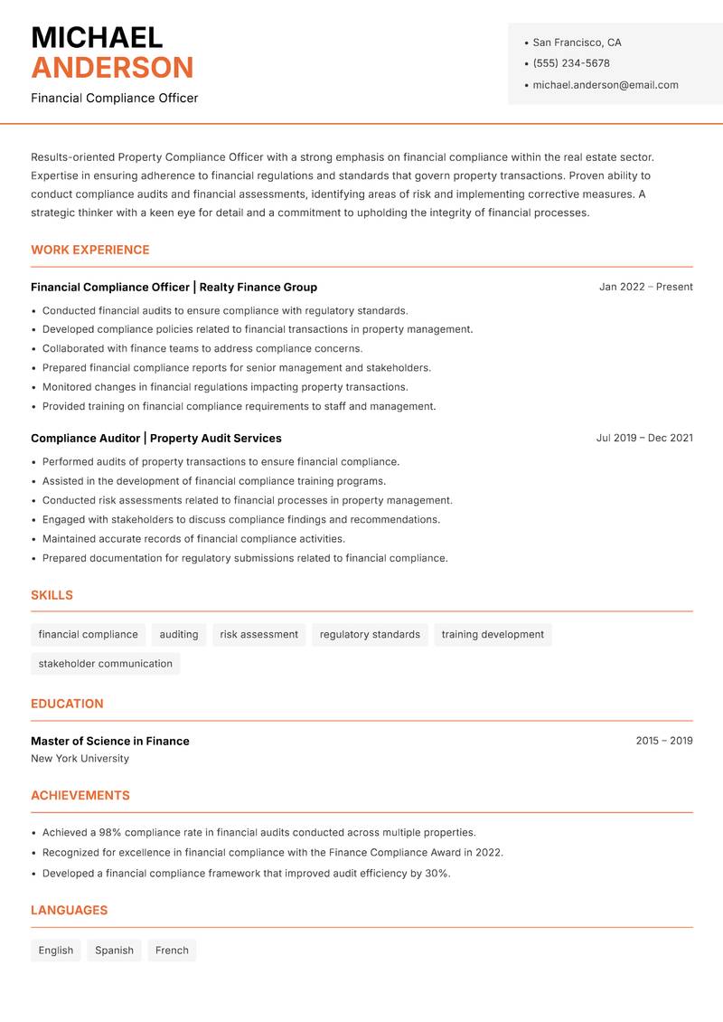 Property Compliance Officer resume template — Modern Professional