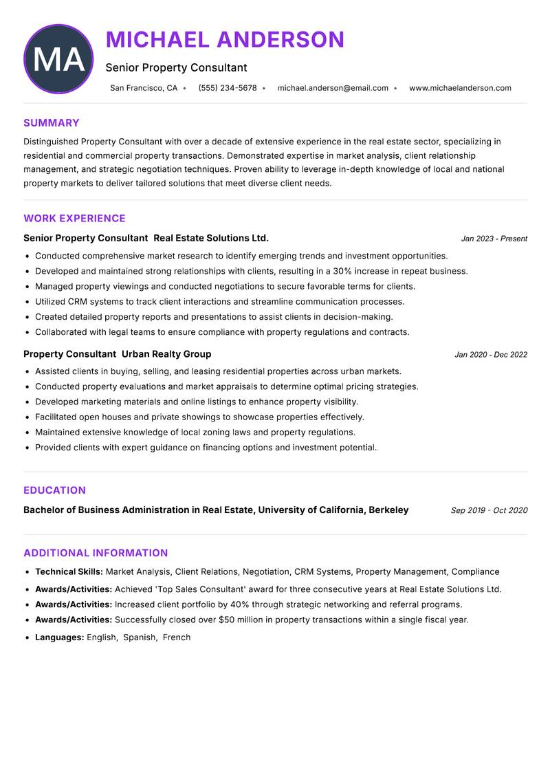 Property Consultant resume example — ATS-friendly template
