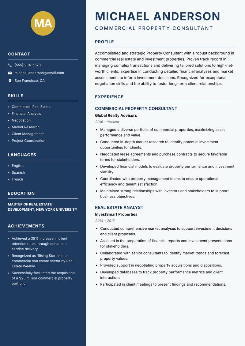 Property Consultant resume template — Classic Clean