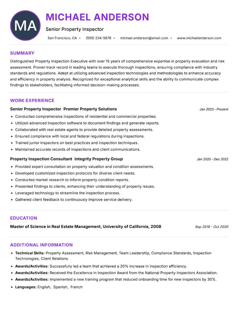 Property Inspection Executive resume example — ATS-friendly template