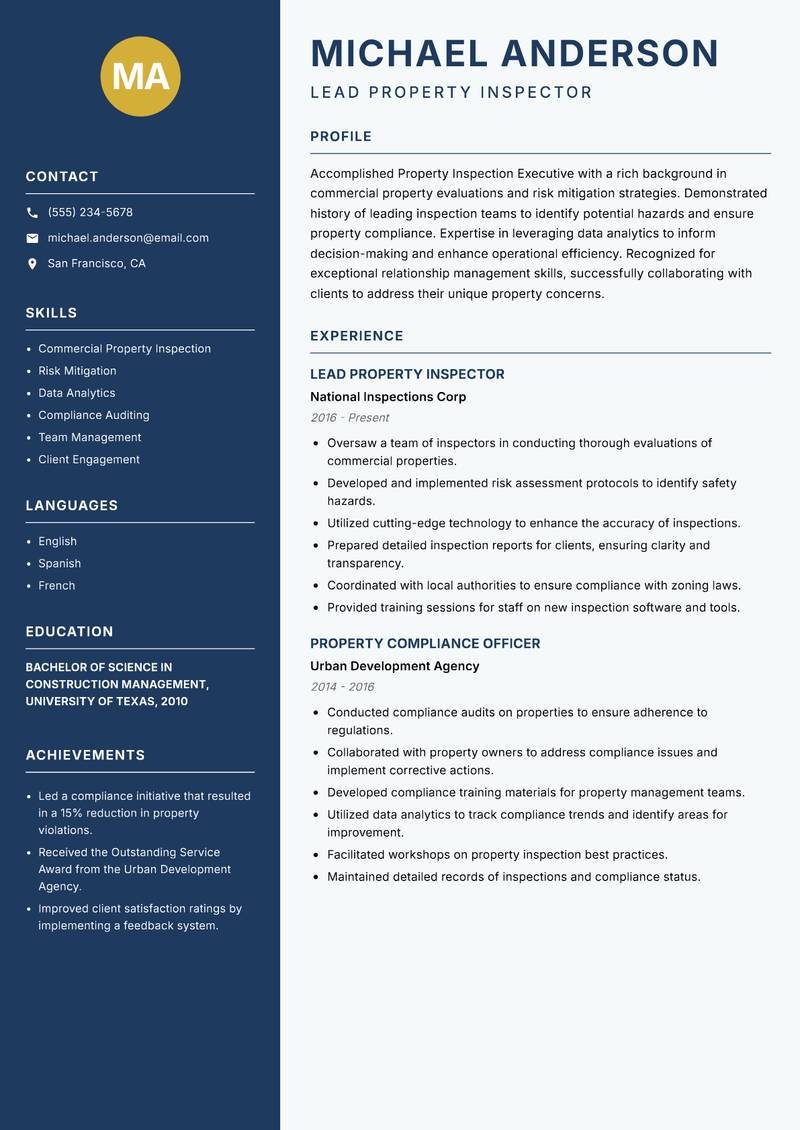 Property Inspection Executive resume template — Classic Clean