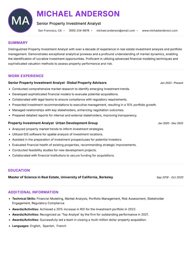 Property Investment Analyst resume example — ATS-friendly template