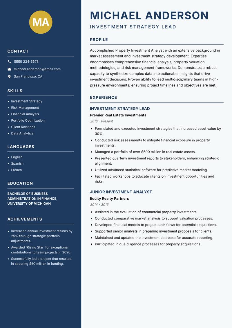 Property Investment Analyst resume template — Classic Clean