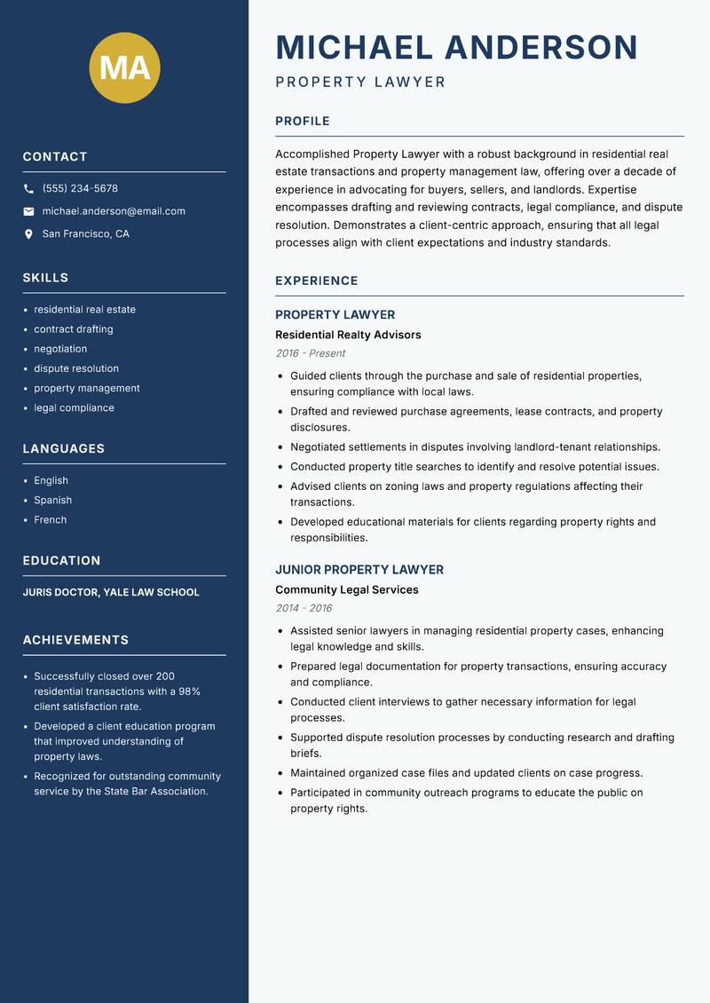 Property Lawyer resume template — Classic Clean