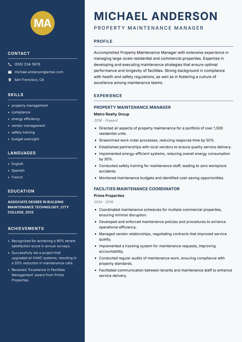 Property Maintenance Manager resume template — Classic Clean