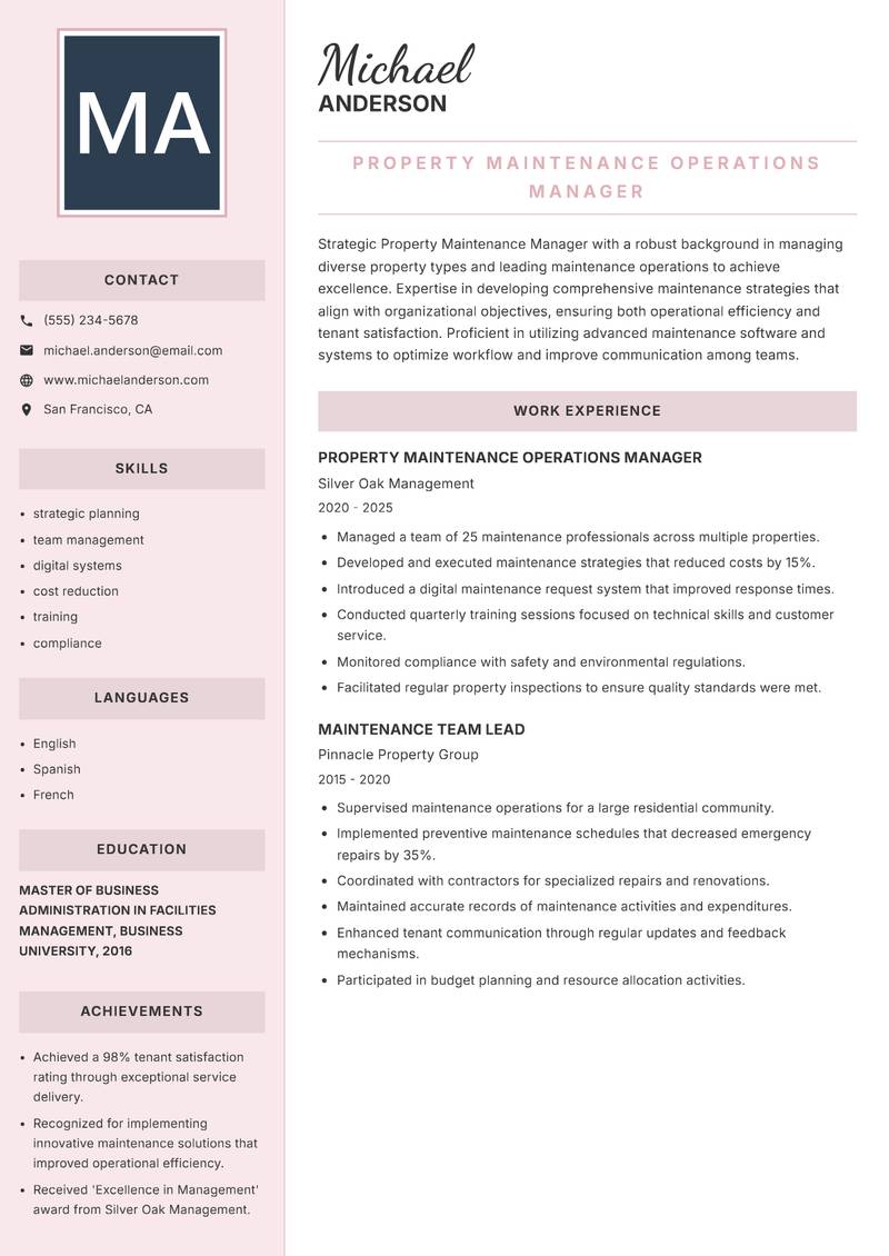 Property Maintenance Manager resume template — Executive