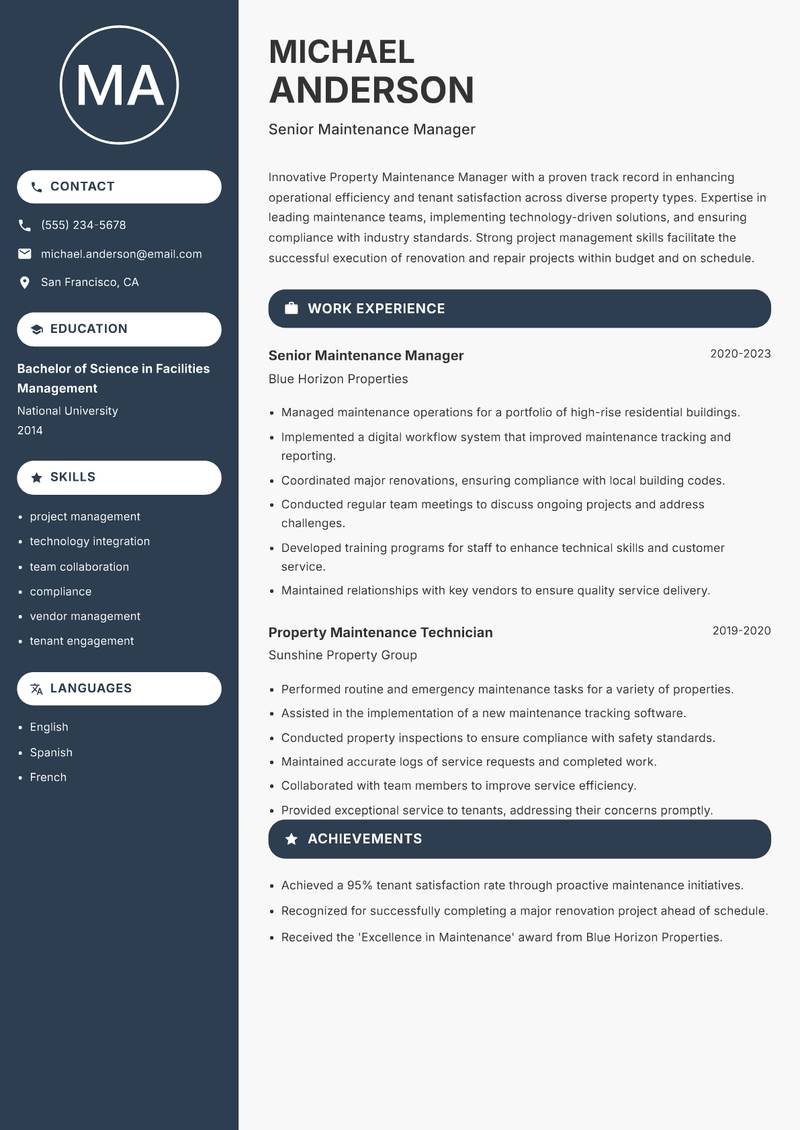 Property Maintenance Manager resume template — Compact
