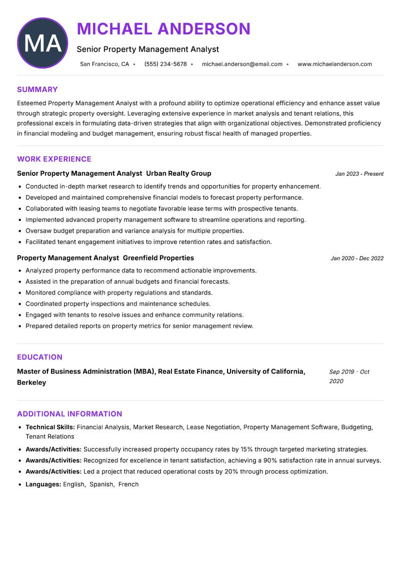 Property Management Analyst resume example — ATS-friendly template