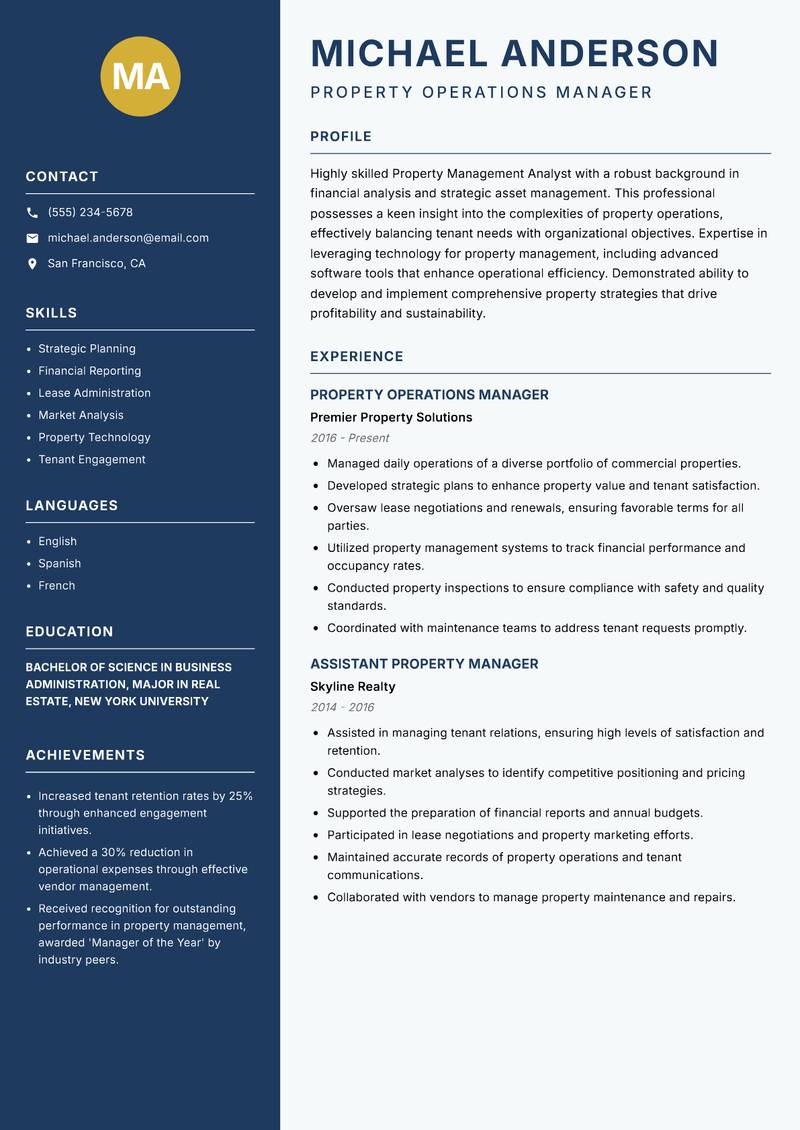 Property Management Analyst resume template — Classic Clean