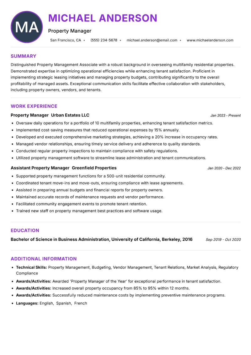 Property Management Associate resume example — ATS-friendly template