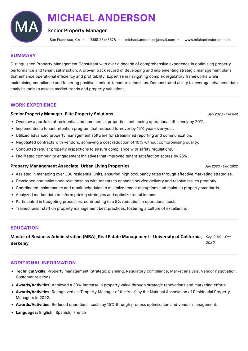 Property Management Consultant resume example — ATS-friendly template