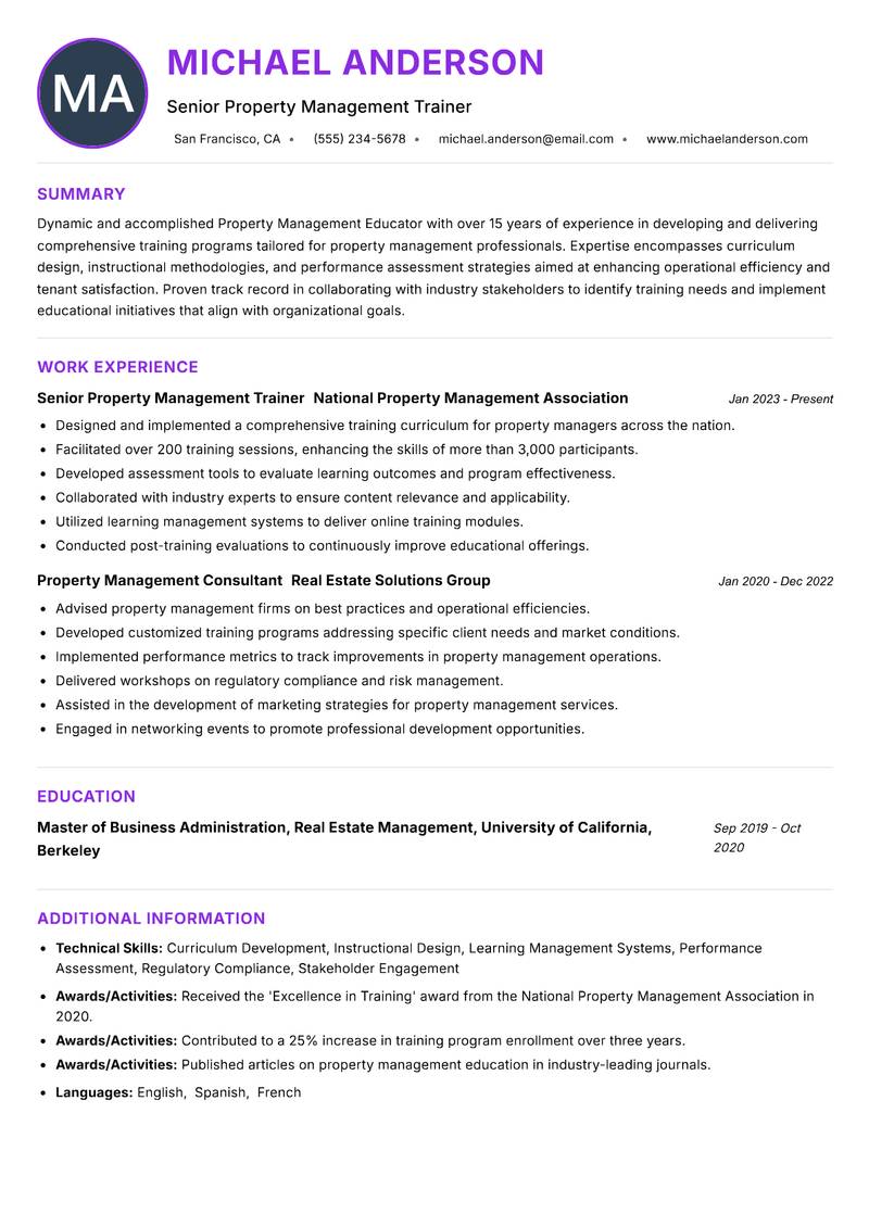 Property Management Educator resume example — ATS-friendly template