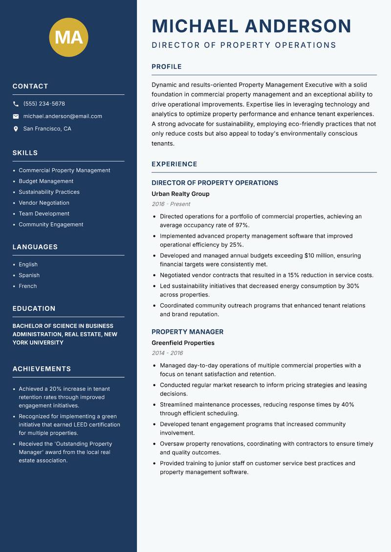 Property Management Executive resume template — Classic Clean