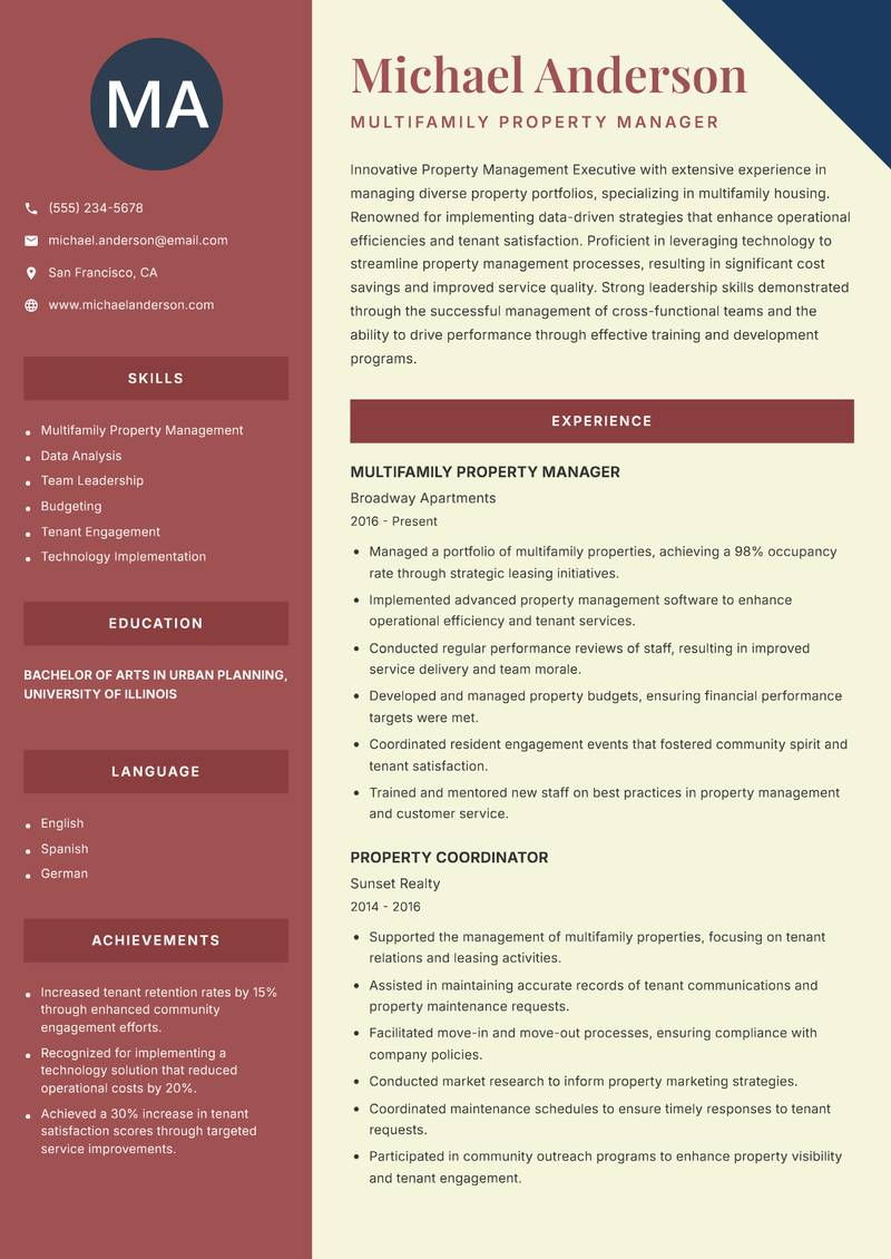 Property Management Executive resume template — Two Column