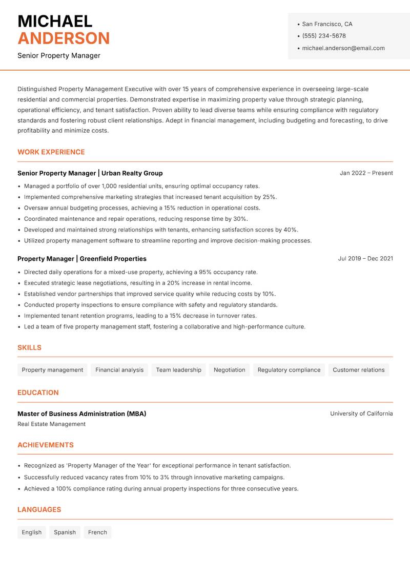 Property Management Executive resume template — Modern Professional