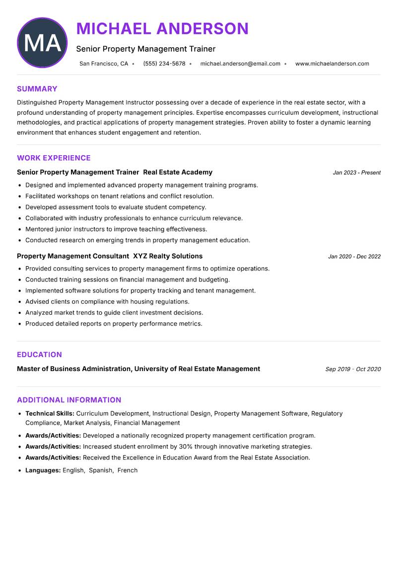 Property Management Instructor resume example — ATS-friendly template