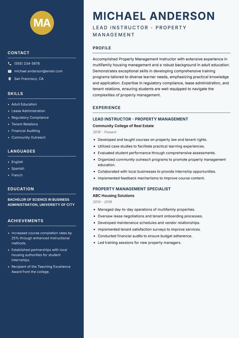 Property Management Instructor resume template — Classic Clean