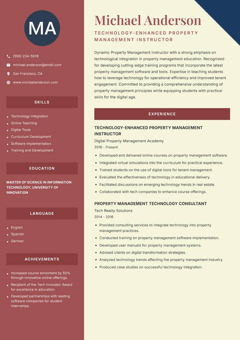 Property Management Instructor resume template — Two Column