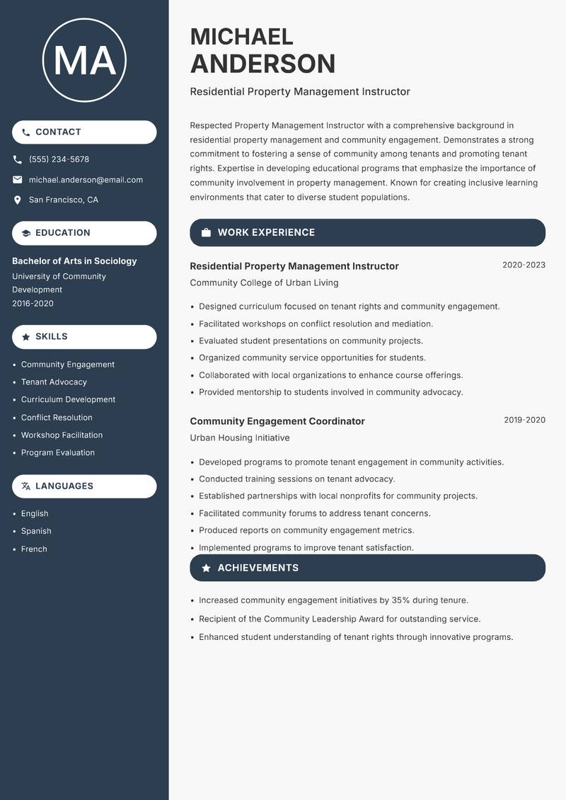 Property Management Instructor resume template — Compact