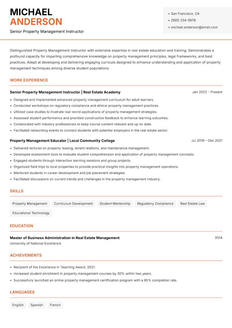 Property Management Instructor resume template — Modern Professional