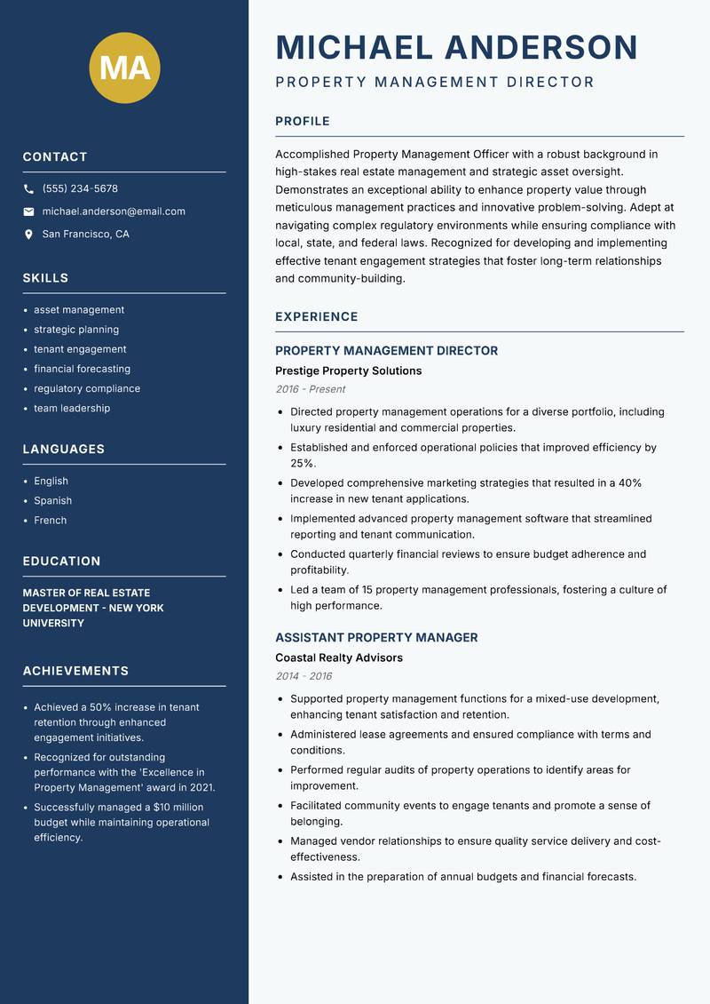 Property Management Officer resume template — Classic Clean