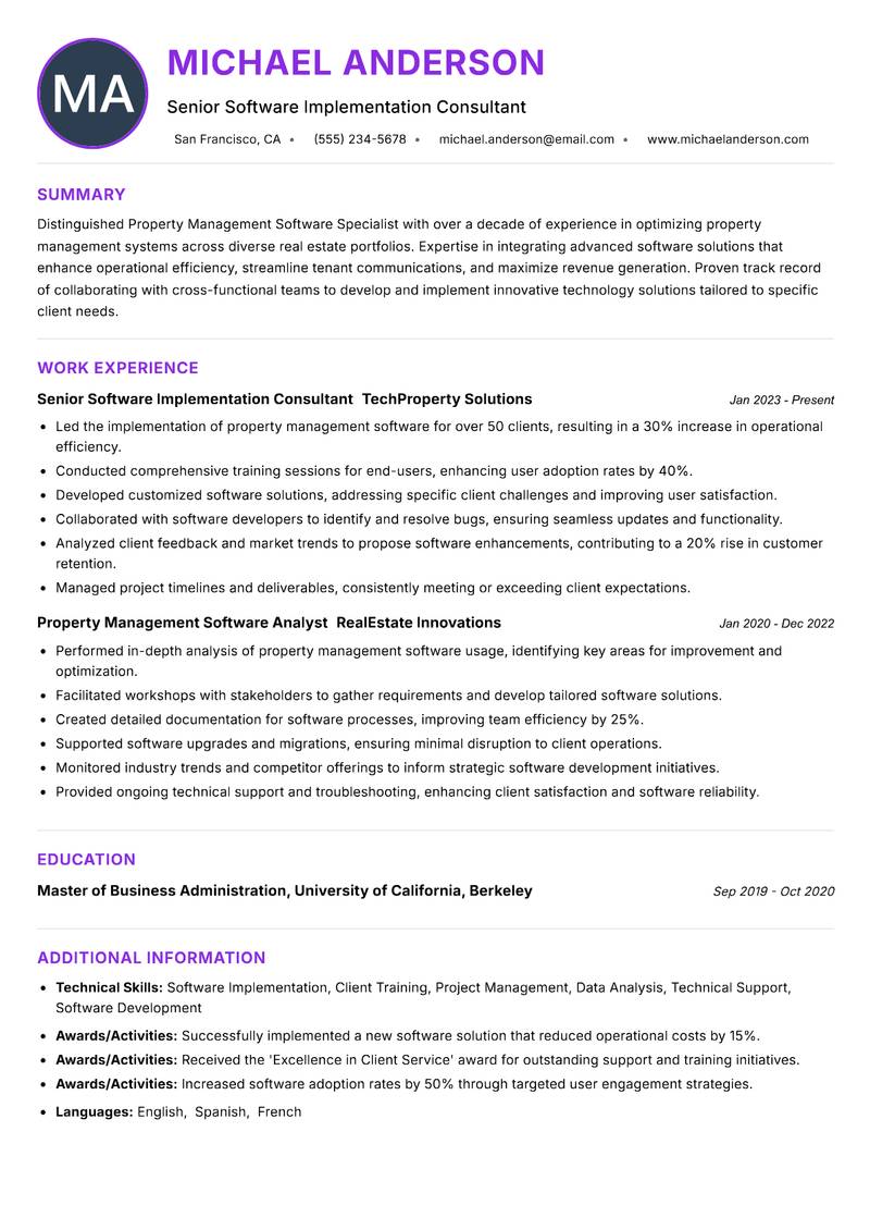 Property Management Software Specialist resume example — ATS-friendly template