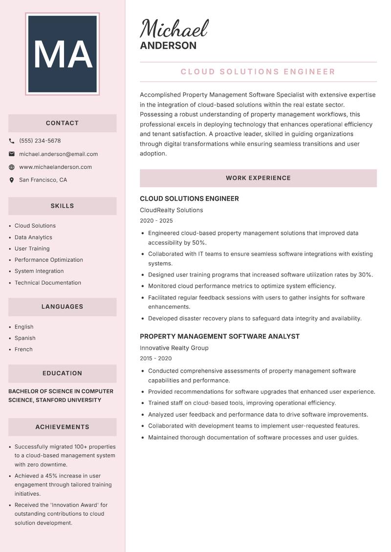 Property Management Software Specialist resume template — Executive
