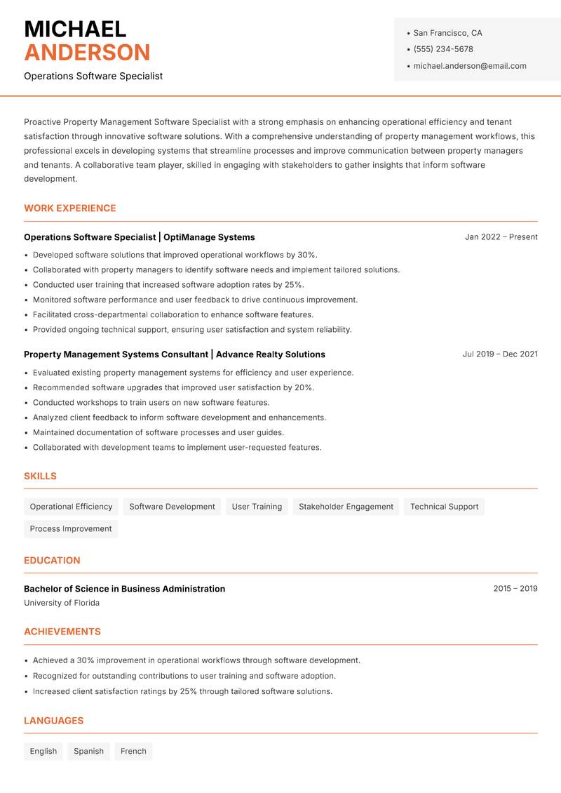 Property Management Software Specialist resume template — Modern Professional