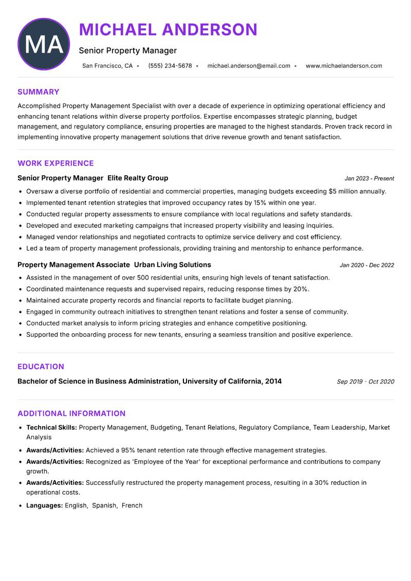 Property Management Specialist resume example — ATS-friendly template