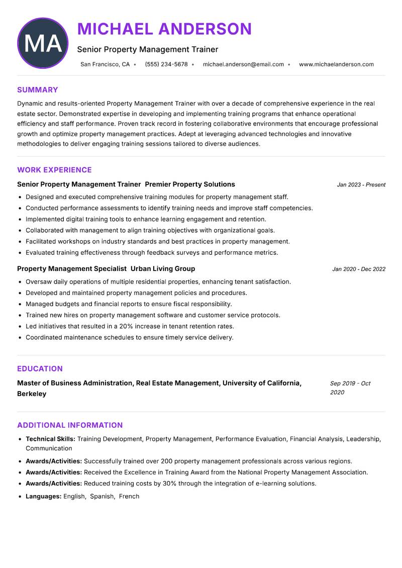 Property Management Trainer resume example — ATS-friendly template