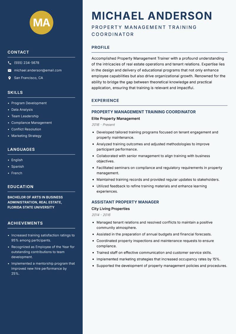 Property Management Trainer resume template — Classic Clean