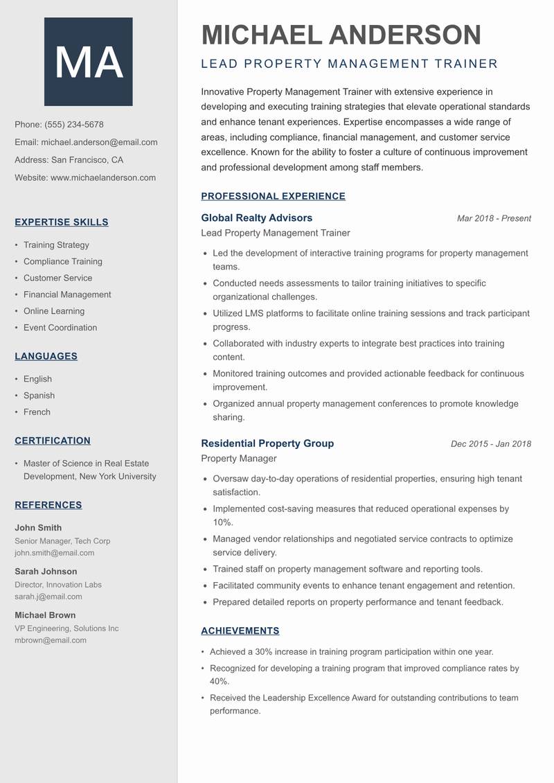 Property Management Trainer resume template — Creative Minimal