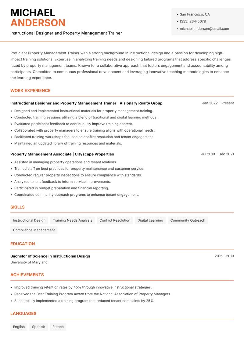 Property Management Trainer resume template — Modern Professional