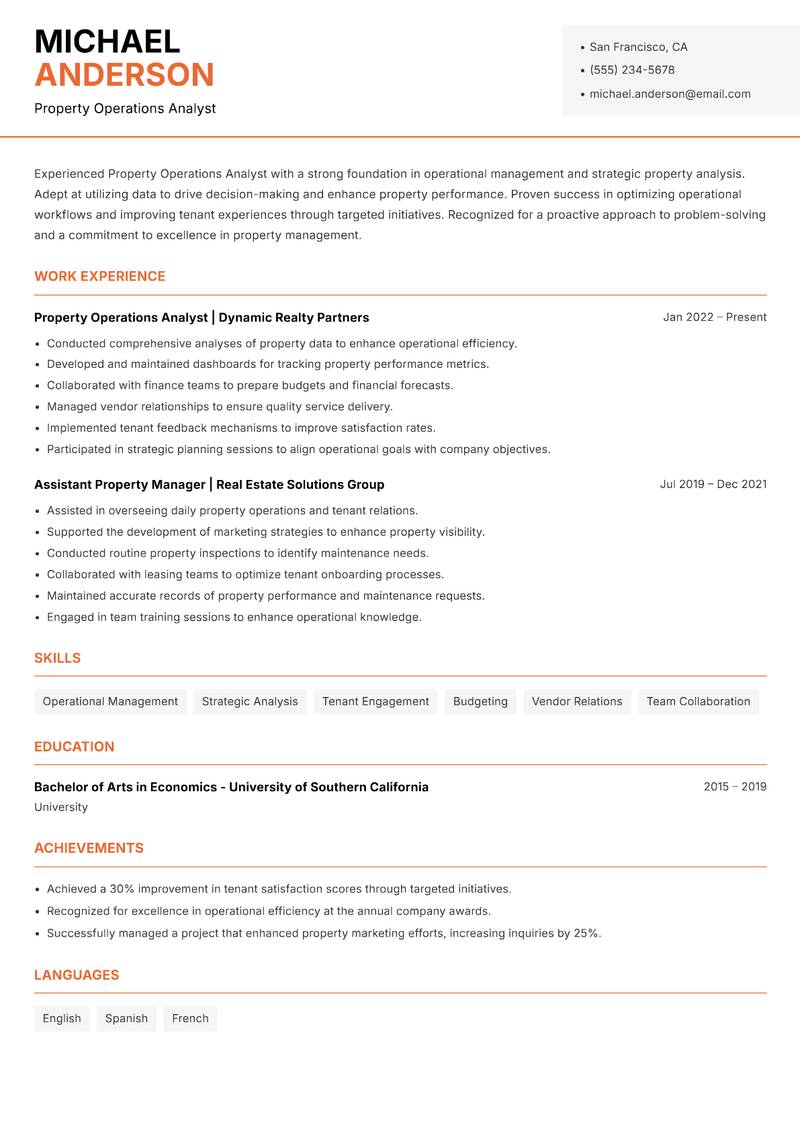 Property Operations Analyst resume template — Modern Professional