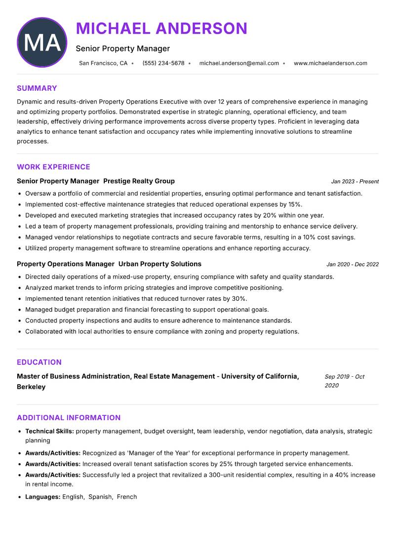Property Operations Executive resume example — ATS-friendly template