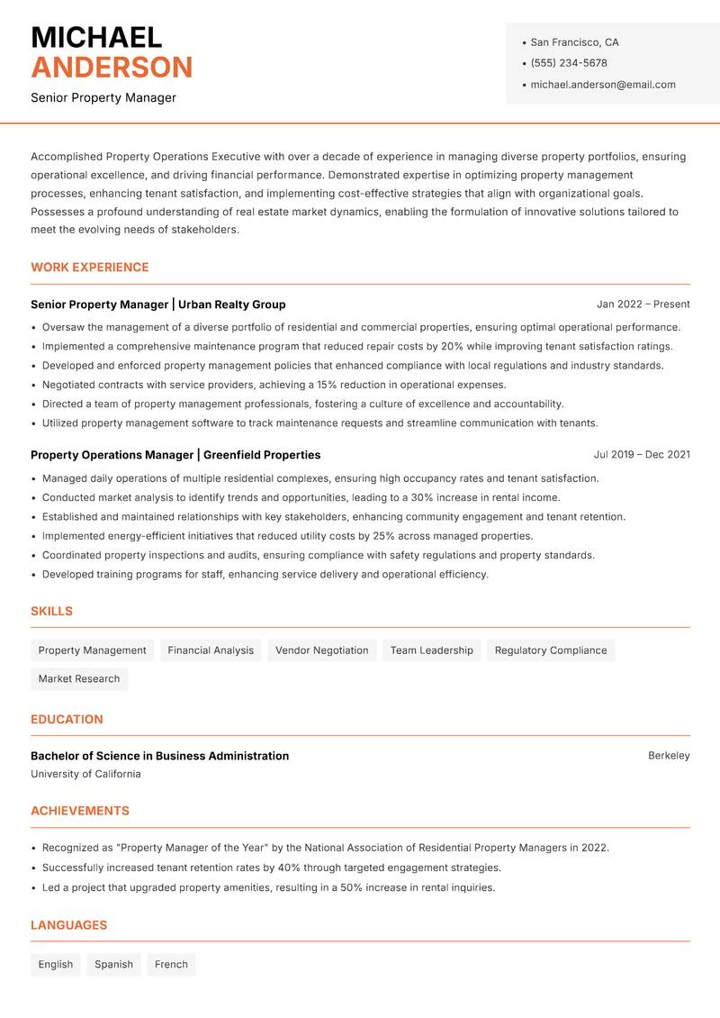 Property Operations Executive resume template — Modern Professional