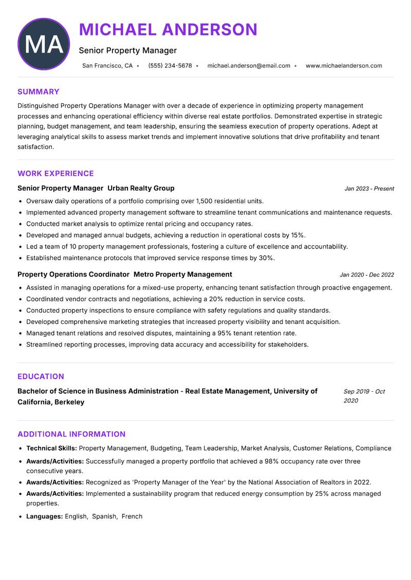 Property Operations Manager resume example — ATS-friendly template