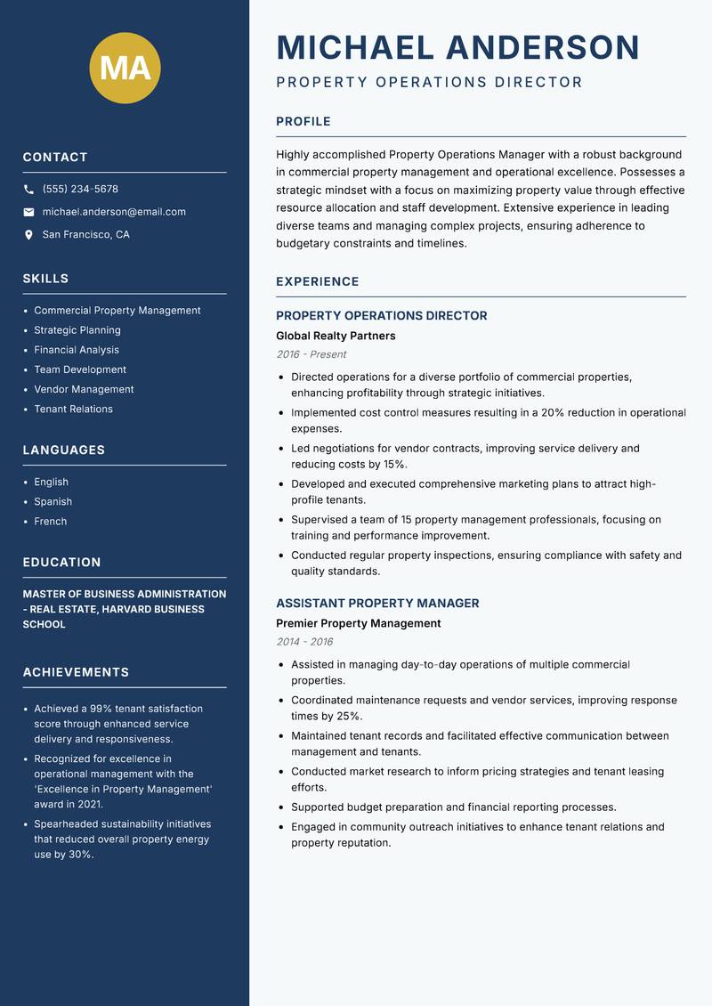 Property Operations Manager resume template — Classic Clean