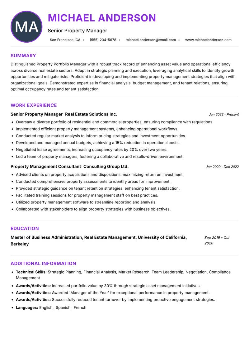 Property Portfolio Manager resume example — ATS-friendly template